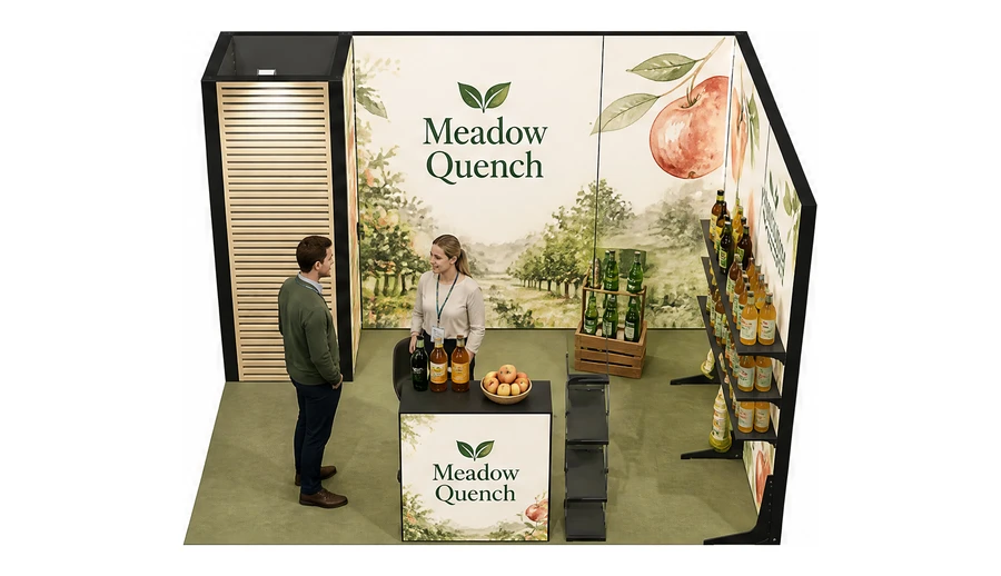 Stoisko 4 × 3 m narożne prawe dla branży napoje, przykładowa marka Meadow Quench