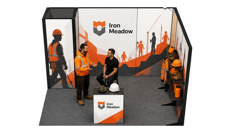Stoisko 4 × 3 m narożne prawe dla branży BHP i odzież ochronna, przykładowa marka Iron Meadow