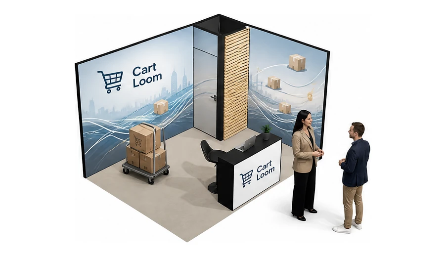 Stoisko 4 × 3 m narożne prawe dla branży e-commerce, przykładowa marka Cart Loom
