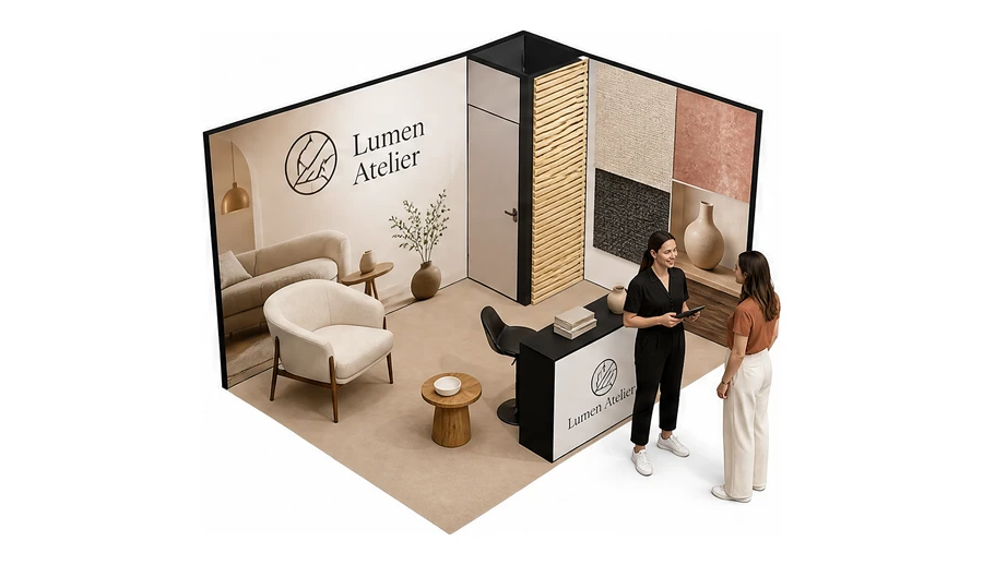 Stoisko 4 × 3 m narożne prawe dla branży meble designerskie, przykładowa marka Lumen Atelier