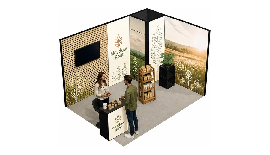 Stoisko 4 × 3 m narożne prawe dla branży żywność ekologiczna, przykładowa marka Meadow Root