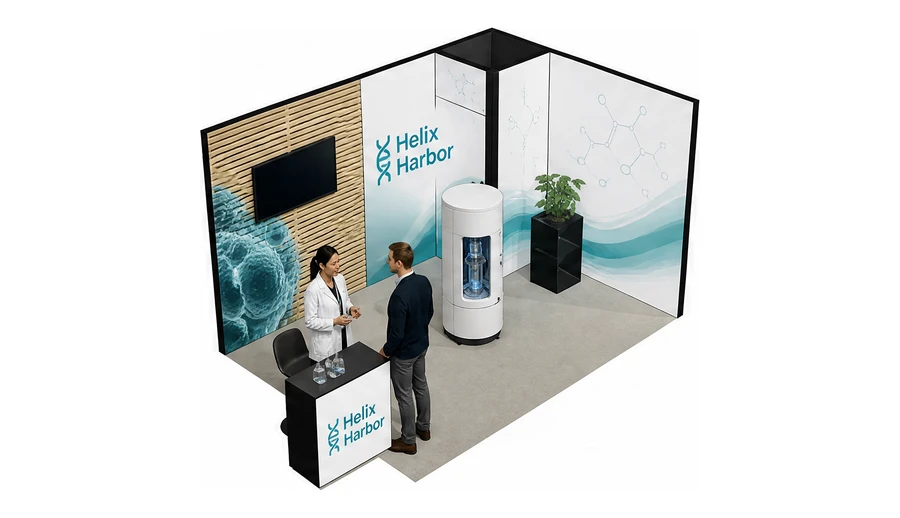 Stoisko 4 × 3 m narożne prawe dla branży farmacja i biotechnologia, przykładowa marka Helix Harbor