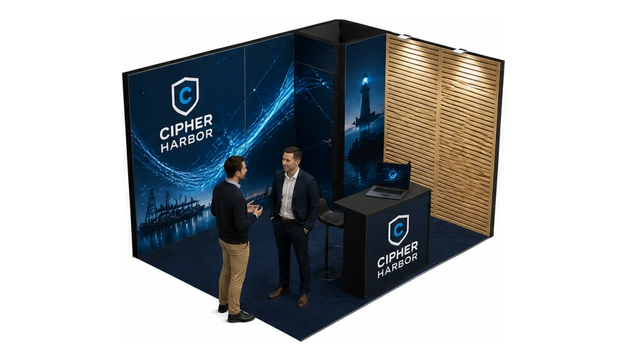 Stoisko 4 × 3 m narożne prawe dla branży cyberbezpieczeństwo, przykładowa marka Cipher Harbor