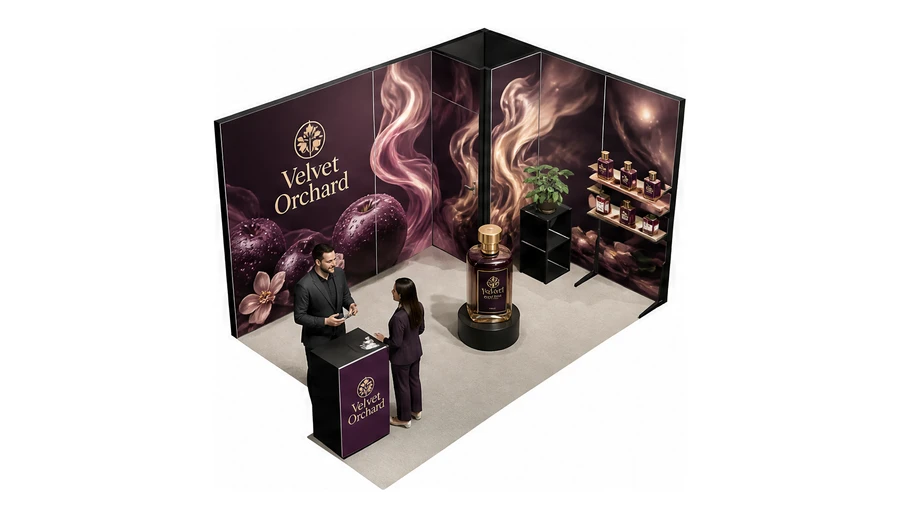 Stoisko 4 × 3 m narożne prawe dla branży perfumy, przykładowa marka Velvet Orchard