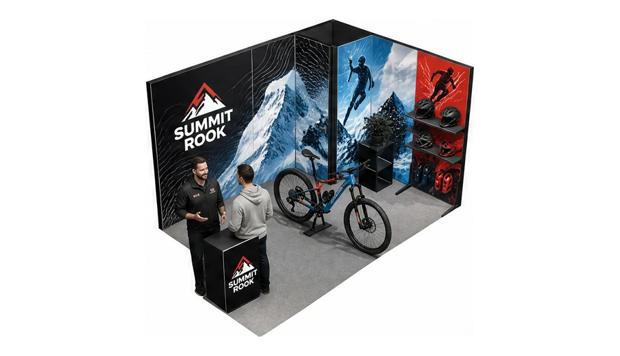 Stoisko 4 × 3 m narożne prawe dla branży sprzęt sportowy, przykładowa marka Summit Rook