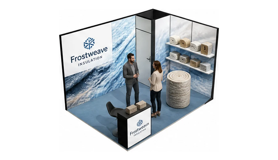 Stoisko 4 × 3 m narożne prawe dla branży izolacje techniczne, przykładowa marka Frostweave Insulation