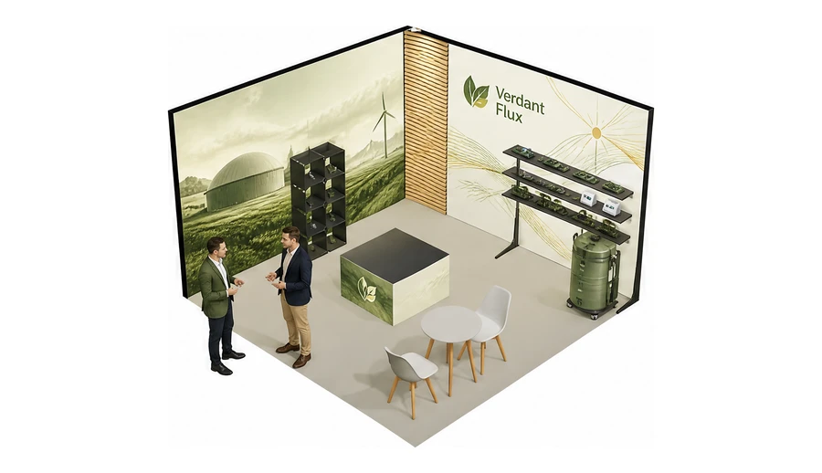 Stoisko 4 × 4 m narożne prawe dla branży biogaz i OZE, przykładowa marka Verdant Flux