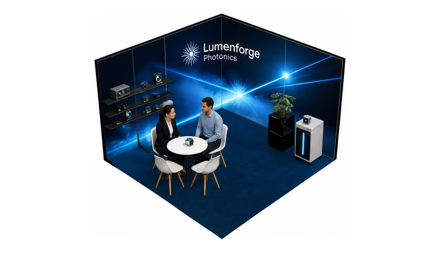 Stoisko 4 × 4 m narożne prawe dla branży technika laserowa i fotonika, przykładowa marka Lumenforge Photonics