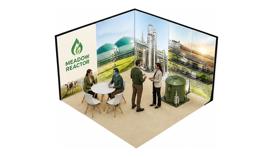 Stoisko 4 × 4 m narożne prawe dla branży biogaz i OZE, przykładowa marka Meadow Reactor