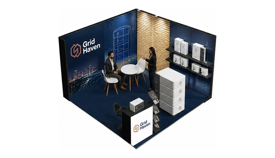 Stoisko 4 × 4 m narożne prawe dla branży magazyny energii, przykładowa marka Grid Haven