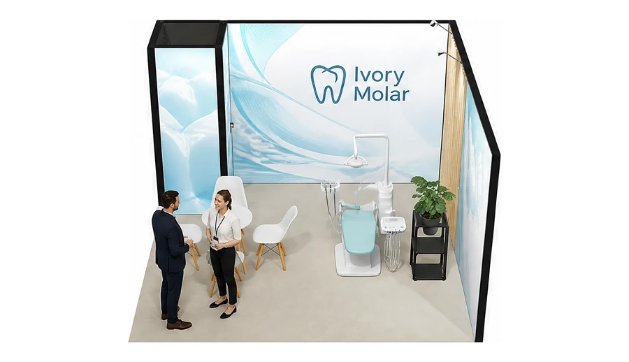 Stoisko 4 × 4 m narożne prawe dla branży stomatologia, przykładowa marka Ivory Molar