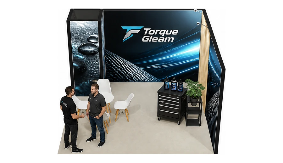 Stoisko 4 × 4 m narożne prawe dla branży tuning i detailing, przykładowa marka Torque Gleam
