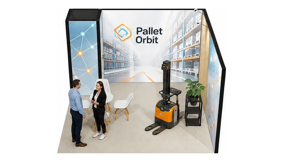 Stoisko 4 × 4 m narożne prawe dla branży intralogistyka i magazyn, przykładowa marka Pallet Orbit