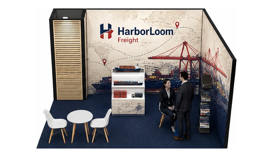 Stoisko 4 × 4 m narożne prawe dla branży logistyka i spedycja, przykładowa marka HarborLoom Freight