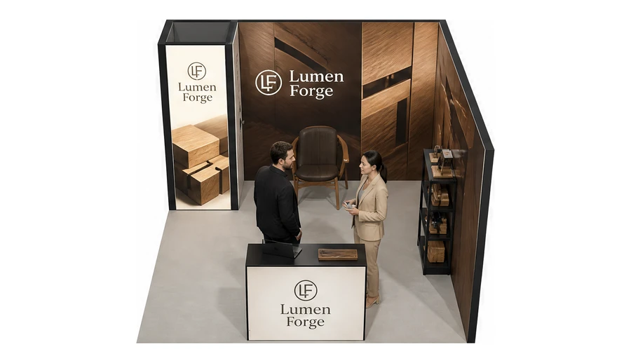 Stoisko 4 × 4 m narożne prawe dla branży meble designerskie, przykładowa marka Lumen Forge