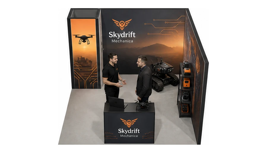 Stoisko 4 × 4 m narożne prawe dla branży drony i robotyka, przykładowa marka Skydrift Mechanica