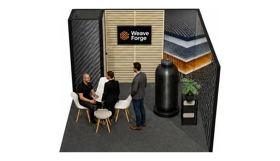 Stoisko 4 × 4 m narożne prawe dla branży materiały kompozytowe, przykładowa marka Weave Forge