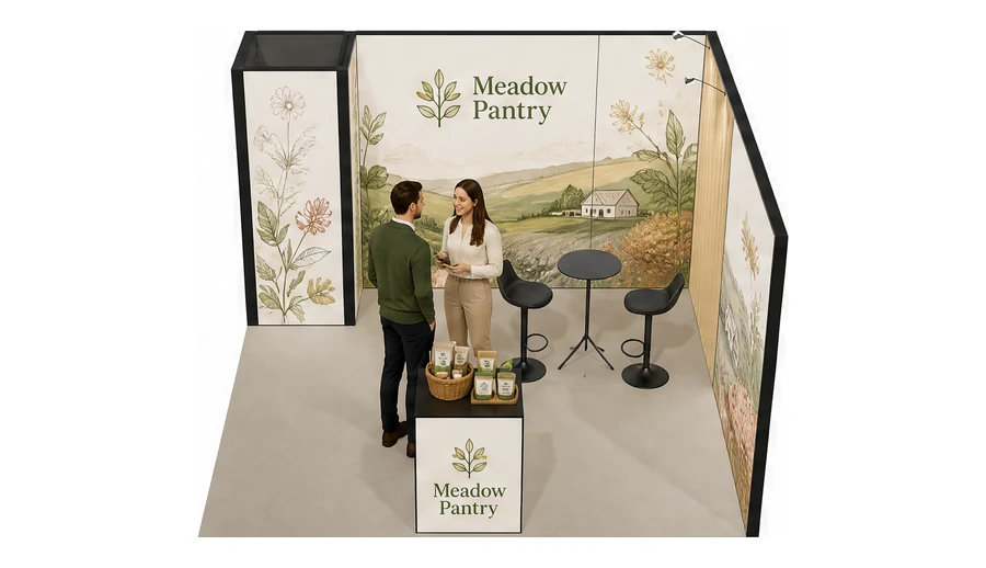 Stoisko 4 × 4 m narożne prawe dla branży żywność ekologiczna, przykładowa marka Meadow Pantry