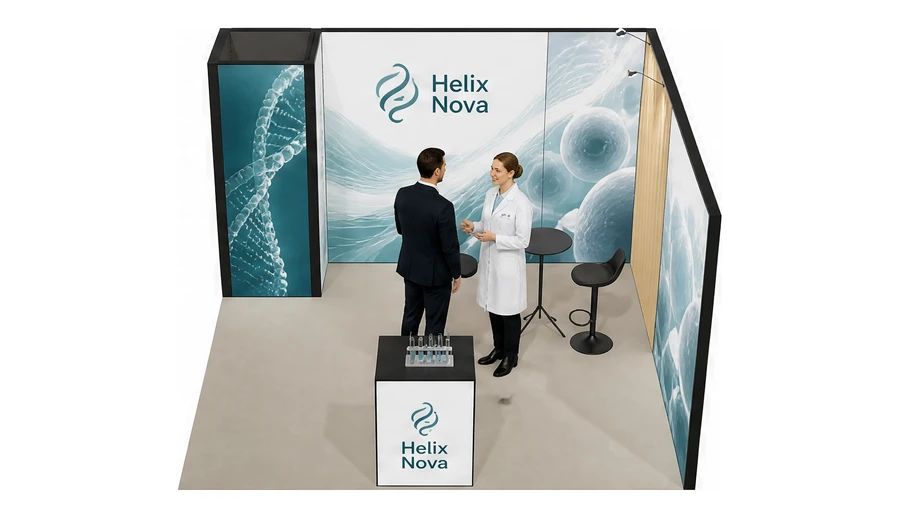 Stoisko 4 × 4 m narożne prawe dla branży farmacja i biotechnologia, przykładowa marka Helix Nova