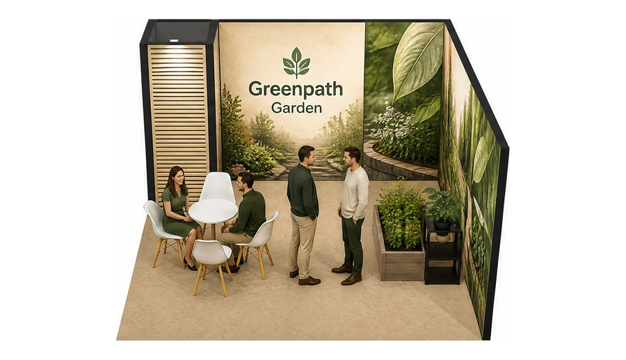Stoisko 4 × 4 m narożne prawe dla branży ogród i architektura krajobrazu, przykładowa marka Greenpath Garden