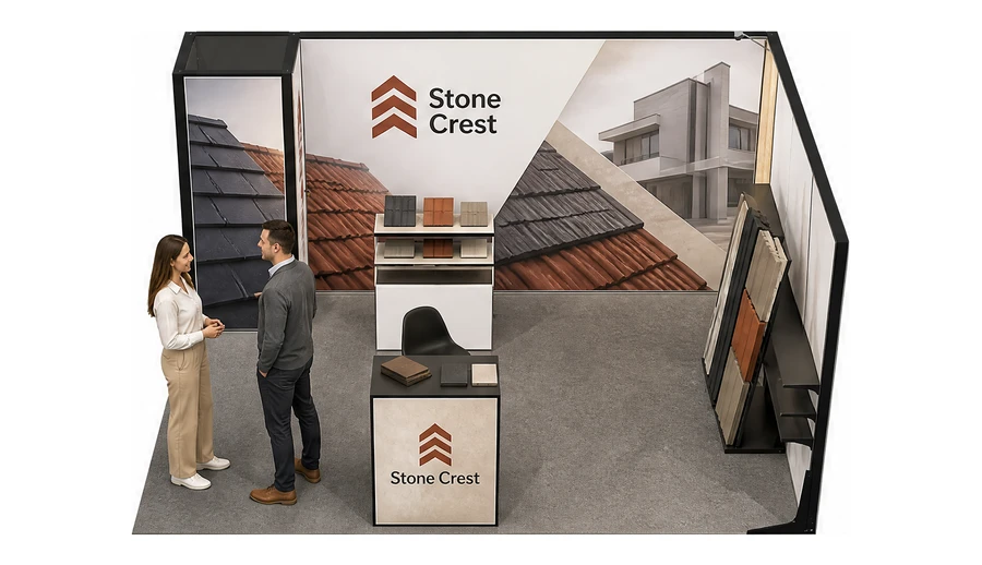 Stoisko 4 × 4 m narożne prawe dla branży dachy i elewacje, przykładowa marka Stone Crest