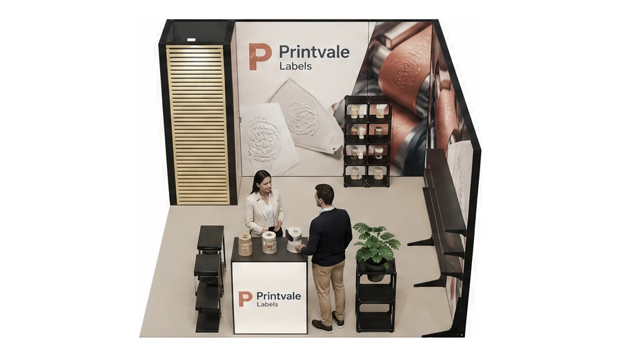 Stoisko 4 × 4 m narożne prawe dla branży etykiety i poligrafia, przykładowa marka Printvale Labels