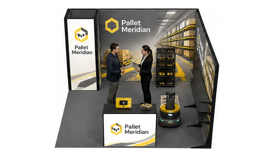 Stoisko 4 × 4 m narożne prawe dla branży intralogistyka i magazyn, przykładowa marka Pallet Meridian