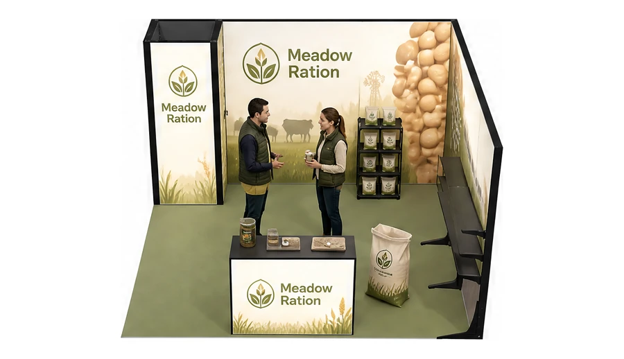 Stoisko 4 × 4 m narożne prawe dla branży hodowla i pasze, przykładowa marka Meadow Ration