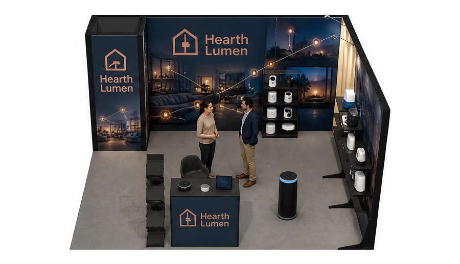 Stoisko 4 × 4 m narożne prawe dla branży smart home i IoT, przykładowa marka Hearth Lumen