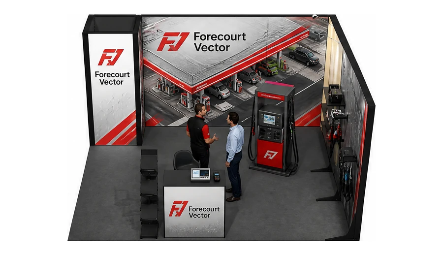 Stoisko 4 × 4 m narożne prawe dla branży stacje paliw, przykładowa marka Forecourt Vector