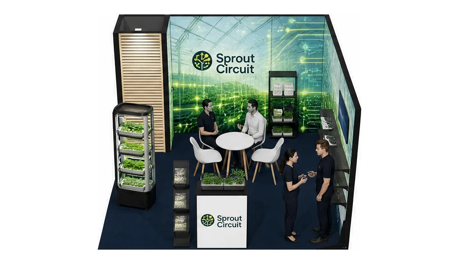 Stoisko 4 × 4 m narożne prawe dla branży sadownictwo i warzywnictwo, przykładowa marka Sprout Circuit