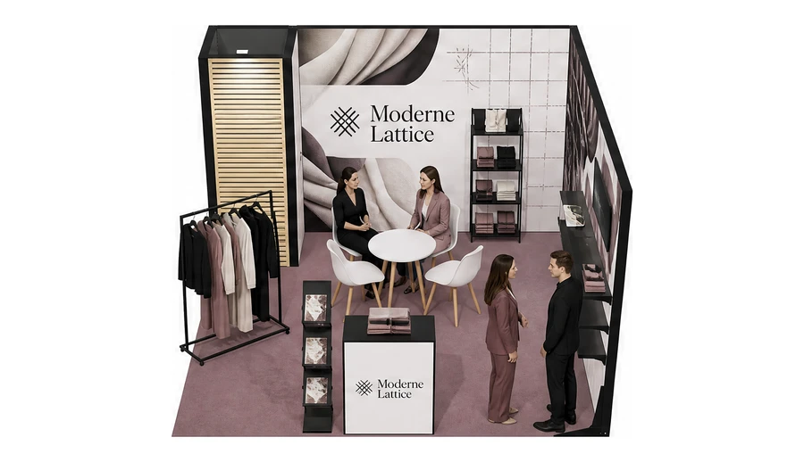 Stoisko 4 × 4 m narożne prawe dla branży odzież i moda, przykładowa marka Moderne Lattice