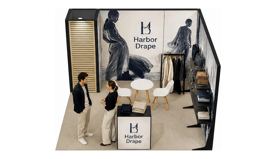 Stoisko 4 × 4 m narożne prawe dla branży odzież i moda, przykładowa marka Harbor Drape