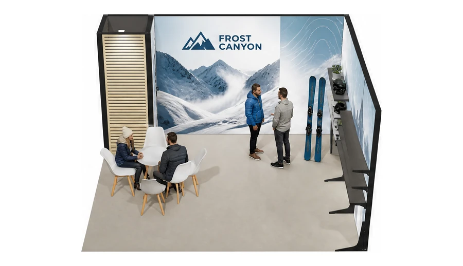 Stoisko 4 × 4 m narożne prawe dla branży narciarstwo i sporty zimowe, przykładowa marka Frost Canyon