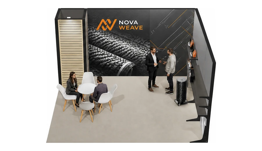 Stoisko 4 × 4 m narożne prawe dla branży materiały kompozytowe, przykładowa marka Nova Weave
