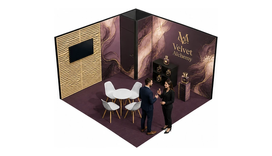 Stoisko 4 × 4 m narożne prawe dla branży perfumy, przykładowa marka Velvet Alchemy