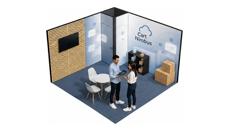Stoisko 4 × 4 m narożne prawe dla branży e-commerce, przykładowa marka Cart Nimbus