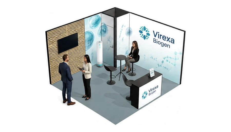 Stoisko 4 × 4 m narożne prawe dla branży farmacja i biotechnologia, przykładowa marka Virexa Biogen