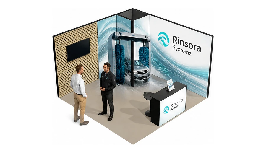 Stoisko 4 × 4 m narożne prawe dla branży myjnie i pielęgnacja aut, przykładowa marka Rinsora Systems