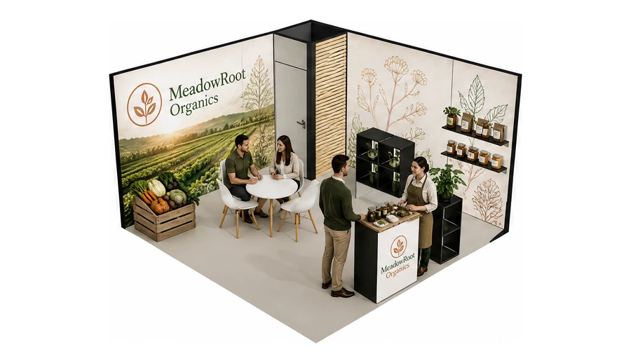 Stoisko 4 × 4 m narożne prawe dla branży żywność ekologiczna, przykładowa marka MeadowRoot Organics