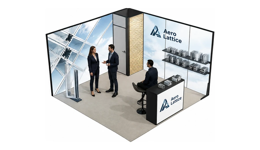 Stoisko 4 × 4 m narożne prawe dla branży profile aluminiowe, przykładowa marka Aero Lattice