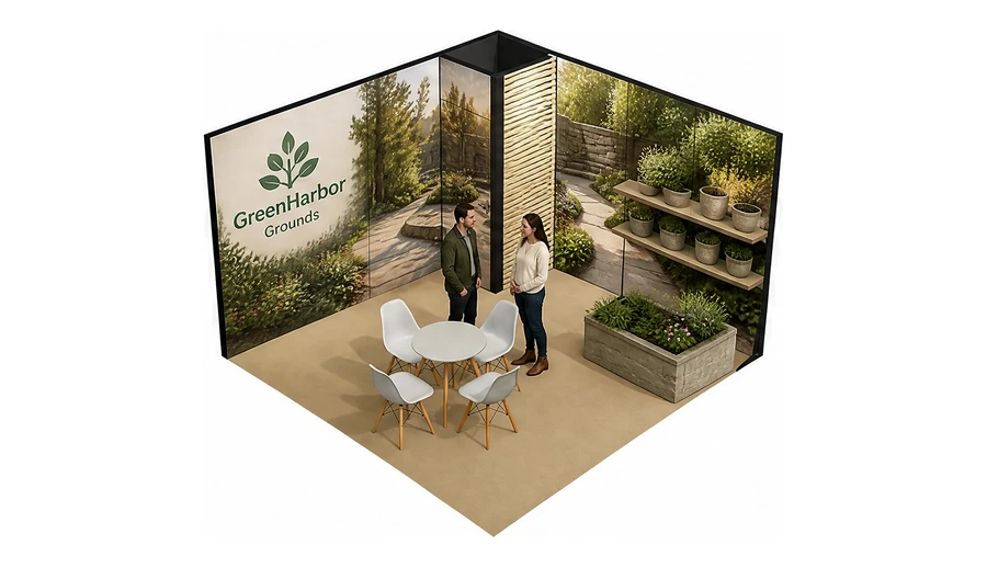 Stoisko 4 × 4 m narożne prawe dla branży ogród i architektura krajobrazu, przykładowa marka GreenHarbor Grounds