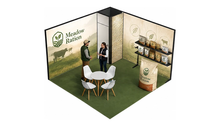 Stoisko 4 × 4 m narożne prawe dla branży hodowla i pasze, przykładowa marka Meadow Ration
