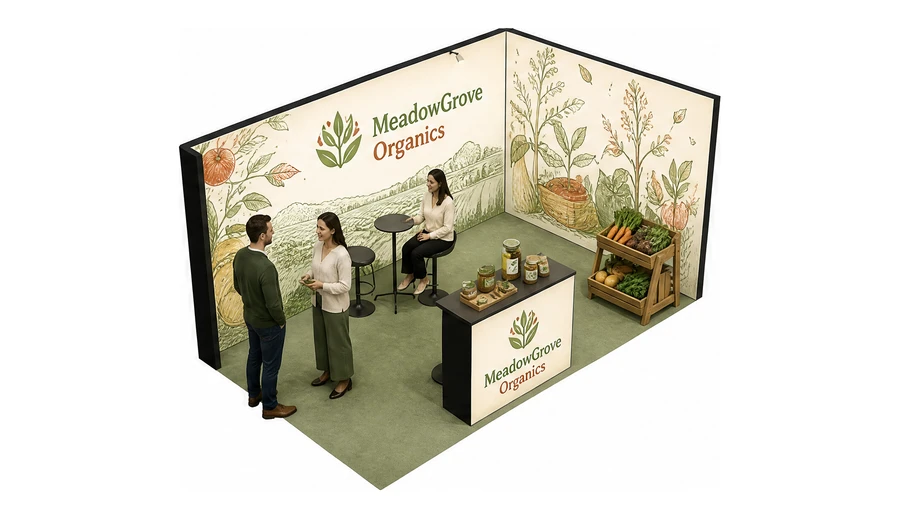 Stoisko 5 × 3 m narożne prawe dla branży żywność ekologiczna, przykładowa marka MeadowGrove Organics