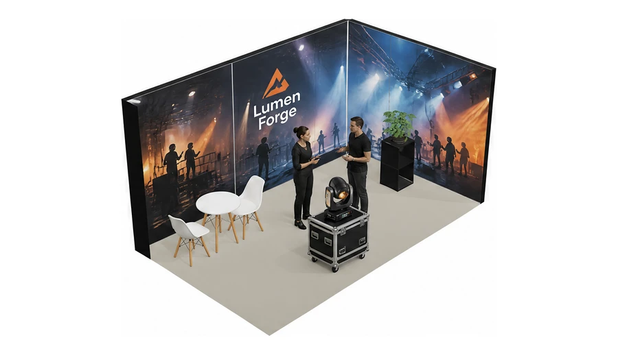 Stoisko 5 × 3 m narożne prawe dla branży branża eventowa, przykładowa marka Lumen Forge