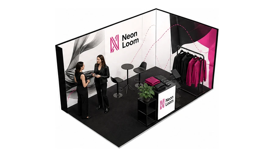 Stoisko 5 × 3 m narożne prawe dla branży odzież i moda, przykładowa marka Neon Loom
