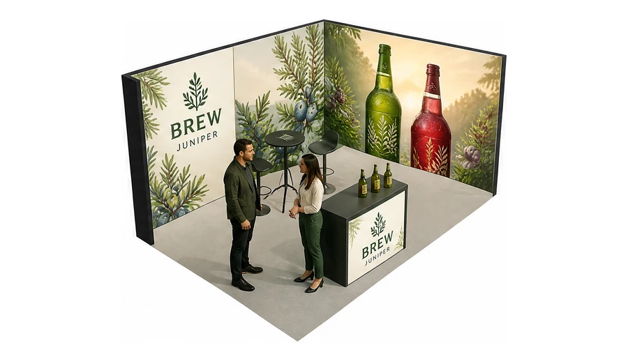 Stoisko 5 × 3 m narożne prawe dla branży napoje, przykładowa marka Brew Juniper