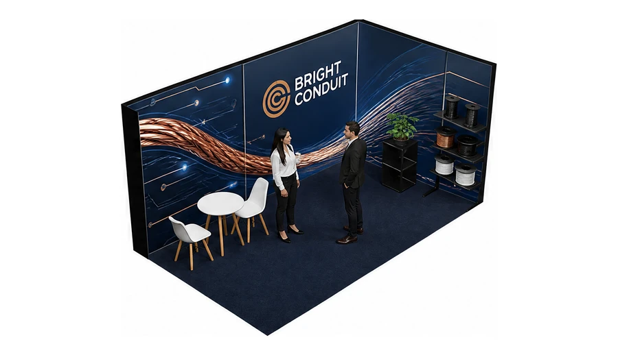 Stoisko 5 × 3 m narożne prawe dla branży kable i elektrotechnika, przykładowa marka Bright Conduit
