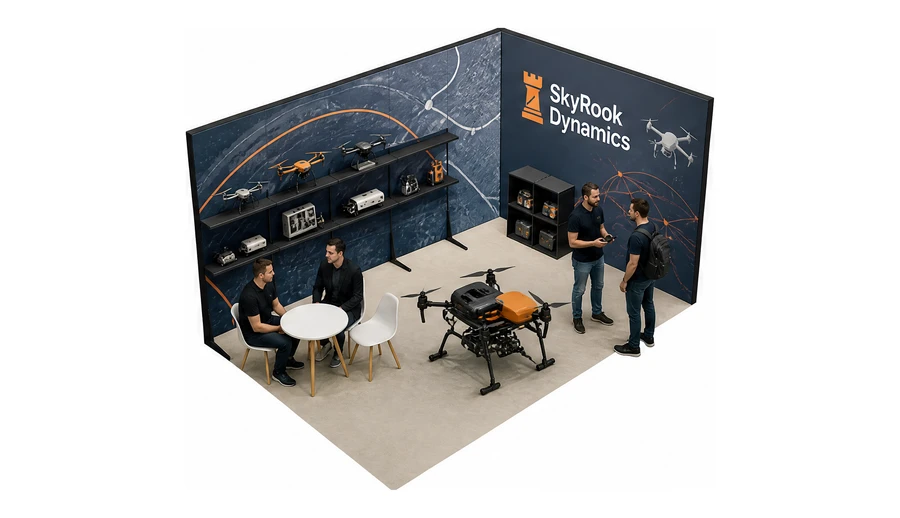 Stoisko 5 × 3 m narożne prawe dla branży drony i robotyka, przykładowa marka SkyRook Dynamics