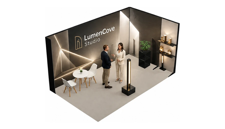 Stoisko 5 × 3 m narożne prawe dla branży oświetlenie, przykładowa marka LumenCove Studio